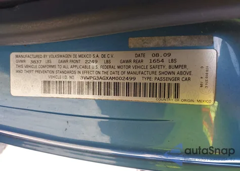 2010 Volkswagen New Beetle 2.5L from USA, damaged, VIN 3VWPG3AGXAM002499